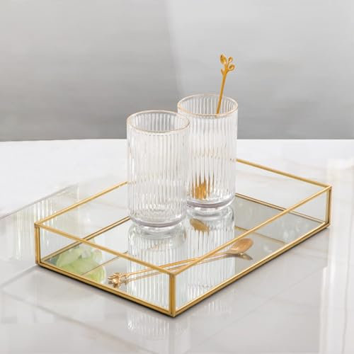 Hapivida Plateau en Verre Doré, Plateau Miroir, Plateau Décoratif de Bijoux, Plateau de Maquillage, Plateau de Parfum pour Parfum, Maquillage, Bijoux, Cosmétiques, Commode, Table (S)