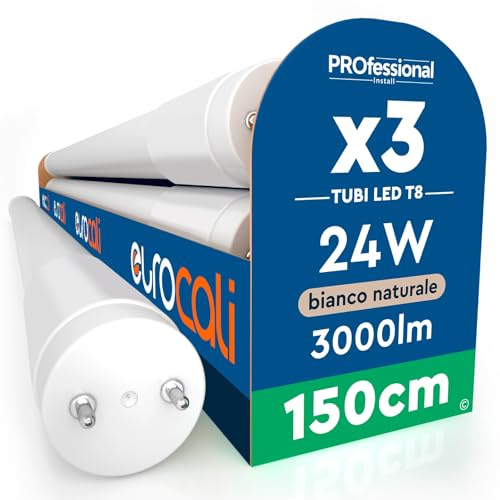 3 Tubi LED 24W 150cm T8 G13 SMD con Starter 3000 Lumen Garanzia 3 Anni - Luce Naturale 4000K - Alta Luminosità 125 lm/W - Sostituzione Neon per Soffitto Garage e Negozio in Materiale Nano Plastic