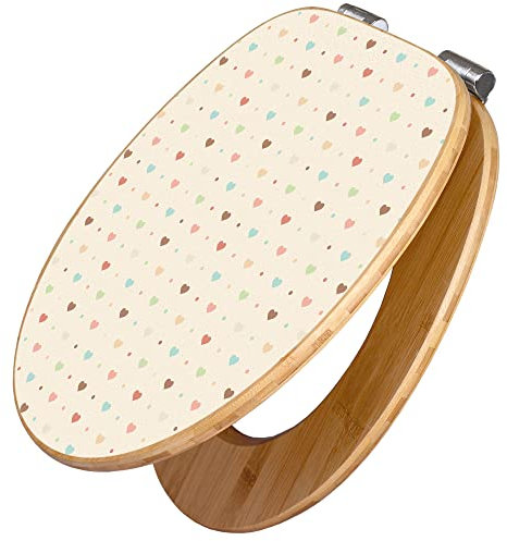 banjado Design WC Sitz Bambus Absenkautomatik 45,8x37,5cm / Toilettendeckel mit Absenkautomatik Holz/hochwertiger Bambus Klodeckel/WC-Sitz für gängigen Toiletten/Motiv Herzen bunt