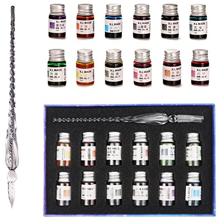 AOKUY Juego de bolígrafos de cristal para caligrafía, 12 tintas coloridas, juegos de caligrafía para arte, escritura, firma, decoración, regalo (negro plateado)