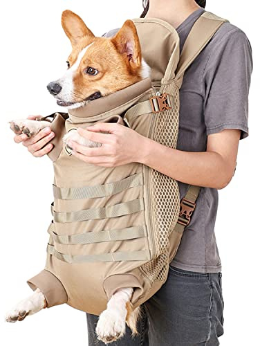 FLAdorepet Dog Carrier Tactical Backpack for Small Medium Dogs,Soft Hands-Free Legs Out Pet Front Cat Dog Carrier Backpack Travel Bag for Outdoor Traveling Hiking Camping (Large, Khaki)