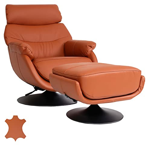 Mendler Relaxsessel mit Hocker HWC-K99 Echtleder/Kunstleder - braun | Fernsehsessel, Sessel, Wippfunktion, drehbar