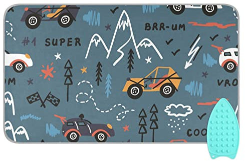 linqin Hitzebeständige Bügelmatte, buntes Spielzeug-Rennautos, tragbares Bügelbrett-Pad mit Silikon-Pad, Reise-Bügelbrettbezug für Waschmaschine, Trockner, Tischplatte, 119 x 71 cm