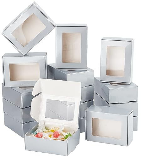 PH PandaHall 20pcs Boîte de Boulangerie Grise avec Fenêtre Boîte à Biscuits Kraft Papier Traiter Boîte de Cuisson Boulangerie Emporter Conteneur pour Halloween Mariage Fête de Noël 8.7x6.2x3.2 cm