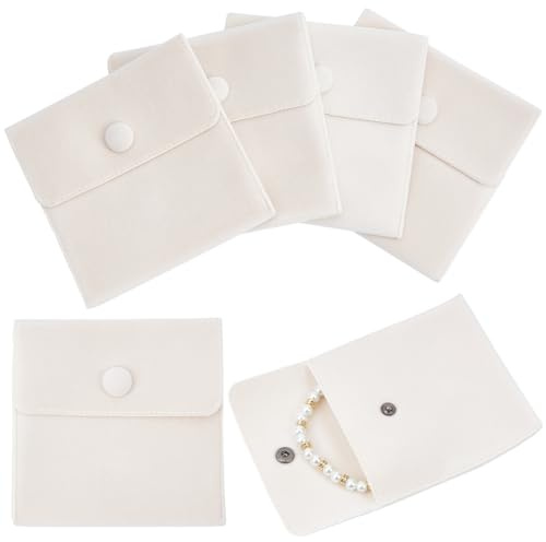 Beebeecraft 6 pièces Pochette à Bijoux Papaye Fouet Pochettes en Tissu de Velours Sac de Rangement Cadeau Blanc Cassé avec Fermeture à Pression pour Bijoux Collier Bracelet Emballage 10x10 cm
