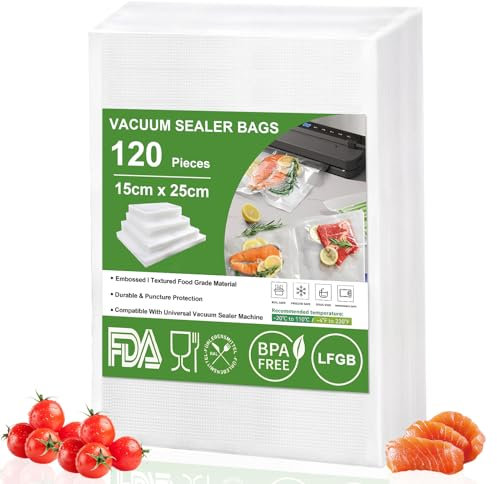 Omtofo 120 Buste Sacchetti Sottovuoto Alimenti 15x25 cm, Buste sottovuoto Alimenti Senza BPA Approvati Dalla FDA per Macchina Sottovuoto e Cottura Sous Vide, Buste Per Sottovuoto