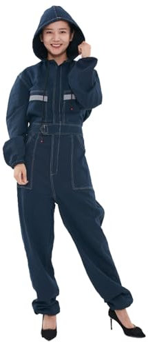 TOVCHEI Mit Kapuze Denim Overall Herren Overalls Damen Overalls Jeans Arbeitskleidung Mit Reflexstreifen, Elastischer Bund,Blau,S