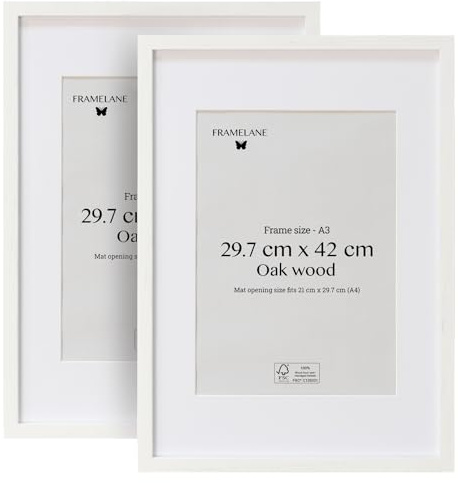 Framelane Bilderrahmen aus Eichenholz, 2er-Set, A3 29,7 x 42 cm, Weiß | 2er-Set, 40x50, Weiß, FSC-Eiche, Gehärtetes Glas, Passepartout, Wand und Tisch