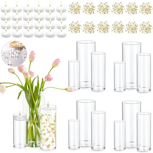 PNJHDZ Glasvasen für Tafelaufsätze mit 8 Vasenfüllern, 12 Perlenschnur, 24 weiße schwimmende Kerzen für Tischdekoration, Hochzeit, Party, Heimdekoration, 12 cm, 15,2 cm, 20,3 cm, 12 Stück