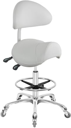 Nazalus Saddle Stool Chair with Back Support Footrest, Heavy-Duty(350LBS), Hydraulic Rolling Swivel Adjustable Stool Chair for Salon Spa Beauty Massage Dental Clinic Home Office Use(White)