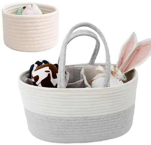 YAYODS 38x25x17 cm Baby Wickelkorb, Multifunktionale Wickelorganizer mit Fächern & Griffen - Tragbarer Baumwoll Wickelkommode Organizer + 16x11 cm Weiß Aufbewahrungskorb für Windeln, Windeltasche
