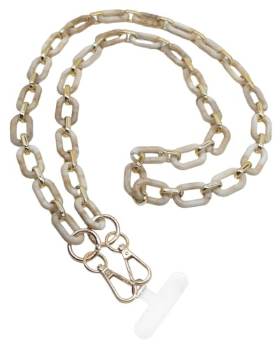 Cell Phone Chain Strap Acrylic Cell Phone Lanyard Strap for Women Stylish With Patches Compatible with Most Phones (Beige White)