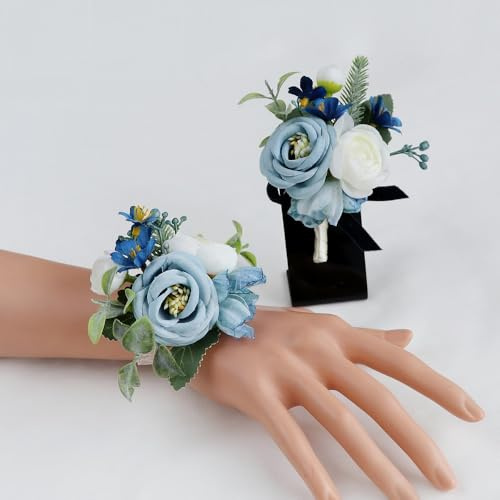 Ansteckblume mit Rosenblüten für Handgelenk, Seidenblume für Braut, Handblume für Herren, Boutonniere, Hochzeitsfeier, Albumdekoration, Abschlussball, Party, Handblume (1, blau)