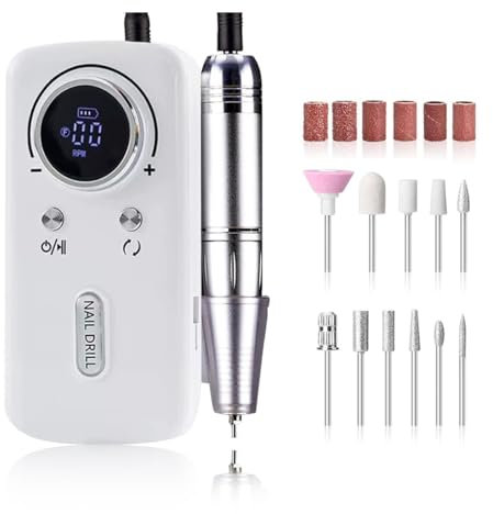 OLYSPM Fresa Per Unghie Professionale Ricaricabile Portatile 45000 RPM,LCD Elettrica Fresa con 11 Testine Iucidanti,Silenzioso e privo di vibrazioni,Per la cura delle unghie in acrilico/gel