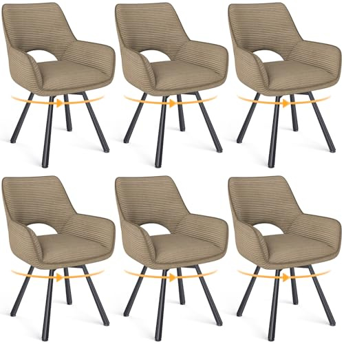 WAFTING Esszimmerstühle 6er Set Drehbar 360°,Armlehnstuhl,Küchenstuhl,Kaki | Metallbeinen,Cord Stoff,Küchenstühle,Wohnzimmerstuhl,Polsterstuhl mit Samt,Esszimmer,Restaurant,Schlafzimmer,Konferenzraum