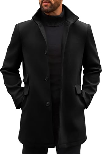 Runcati Mens Pea Coats Single Breasted Stand Collar Casual Slim Fit Trench Coat Mid Long Winter Overcoat with Pockets