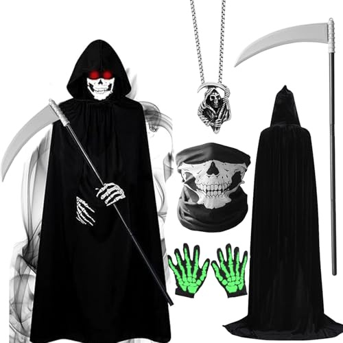 Moerstar Costume Mietitore Bambino Adulto, Costumi Halloween Morte con Mantello Nero con Cappuccio Falce Maschera Teschio Guanti e Collana, Costume Uomo per Halloween Carnevale