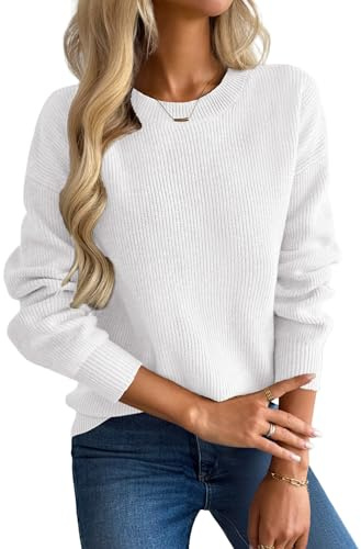 Zeagoo Womens Jumpers UK Crewneck Fall Sweater Casual Trendy Long Sleeve Elegant Pullover Warm Chunky Knit Jumper White