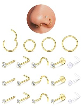 Morfetto 19Pcs Hypoallergen Nasenstecker, Nasenpiercing Ring Gold 316L Chirurgenstahl Septum Piercings Gold Nasenpiercing Stecker Nostril Piercing Set Nostril Push-In Flat Piercing Schmuck 18/20G