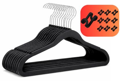 OnTheGo. Kleiderbügel Samt, 50er Set, rutschfest, mit 10 Verbindungshaken Samt, 360° drehbarer Haken, 0,5 cm dick, platzsparend, 44,5 cm lang, für Hemden, Kleider, Anzüge, Schwarz.