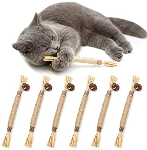 flowerstarry 6 Pcs Matatabi Silvervine Chew Sticks, Natural Cat Teeth Cleaning Catnip Toys for Indoor Cats Kitten Teething Toys Catnip Sticks