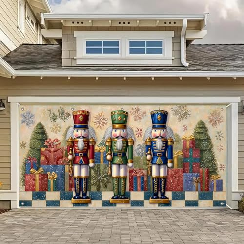 HOMETITUTE 13x6ft Garage Door Cover Nutcracker Soldiers Vintage Holiday Decorations Gift Boxes Christmas Trees Snowflakes Indoor Outdoor Wall Background Decor
