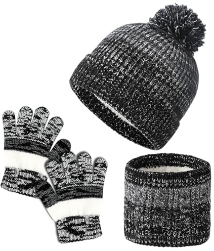 Fiohiros 3Pcs Kids Winter Hat Scarf Gloves Set, Knit Warm Fleece Lined Kids Hat and Scarf Set, for Boys and Girls 4-10 Years (Black)