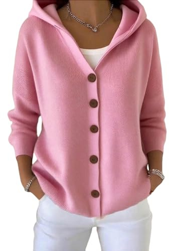 Cardigans à capuche pour femmes - Mode UK - Cardigan boutonné avec capuche - Cardigan tricoté décontracté à coupe ample avec capuche - Pull à col rond ouvert pour dames - Vêtement extérieur pour