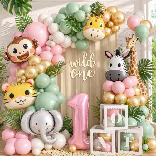 Toyssa Geburtstagsdeko 1 Jahr Mädchen, 137 Stück Dschungel Wild One Deko 1. Geburtstag Mädchen mit Ballonbox Folienballons, Safari Luftballon Girlande für Erster Geburtstag Kinder Baby Shower