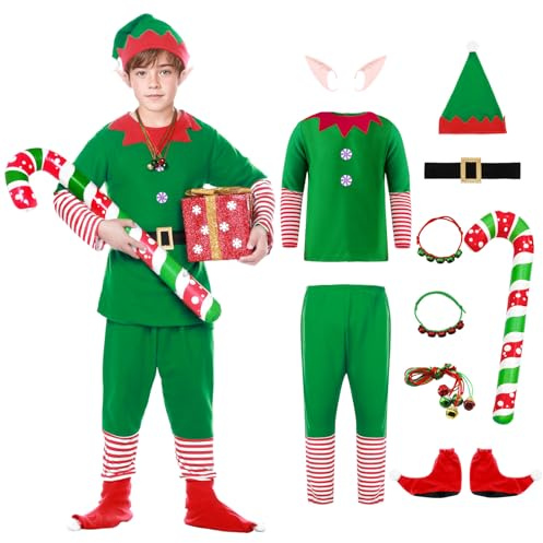 SERTAS Weihnachtself Kostüm Set, Elfen Kostüm mit Wichtel Kleid Elfenohren Kleid Hat Socken Gürtel Zubehör, Weihnachts Cosplay
