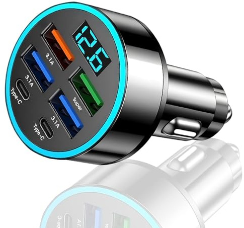 Car USB 6 in 1 Super fast 30 minute Car Charger, USB C Cars Charger 12V/24V USBs Socket 300W Quick Charge Fast Cars Chargers Adapter for IPhone, Ipad, Samsung, iOS, Android Smartphones