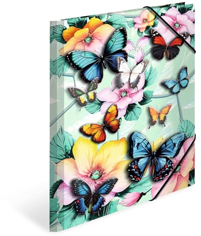 HERMA Sammelmappe A4 Schmetterling, 3 Stück, Kinder Eckspanner-Mappe aus Pappe mit Blumen Motiv, Gummizug, Innenklappen und Innendruck für Jungen und Mädchen
