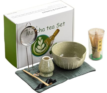 Set Accesorios Té Matcha 7 Piezas - Batidor Bambú, Bol, Colador | Cuchara, paño de té, soporte batidor cerámica, soporte cuchara incluidos, apto para principiantes y aficionados