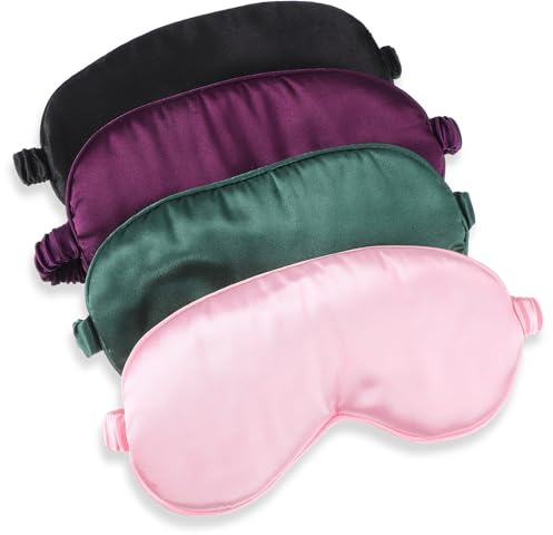 Wanmu 4-pack silkessovmask, elastisk rem mörkläggande ögonmask och ögonbindel för sömn, mjukt ögonskuggsskydd för kvinnor män resor och tupplurar (rosa, mörklila, mörkgrön, svart)