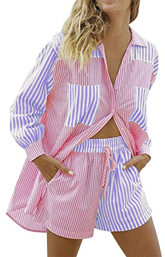 Completo Casual Donna Due Pezzi Camicia a Righe e Pantaloncini(Blue, L)