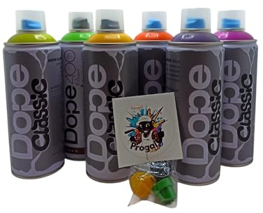 PROGAL COLORS Dope Classic - Set di 6 colori acrilici spray per graffiti, 400 ml, bassa pressione, 6 colori (verde rana, pistacchio, giallo limone, arancione puro, viola mezzanotte, viola