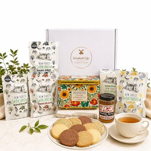 Tea and Biscuits Gift Set – Afternoon Tea Hamper with Award Winning Shortbread Biscuits, English Tea Tin & Blossom Honey – Birthday Gifts for Women and Men