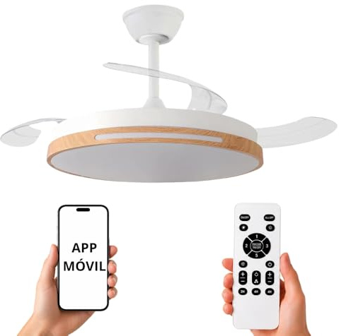 NARVI Ventilador de Techo Blanco y Madera Haya Ø107 cm con Luz LED Regulable, Motor DC Silencioso de Bajo Consumo, Lámpara Ventilador con Mando, 3 Aspas Retráctiles, AUSTRALIA 8936 WDN