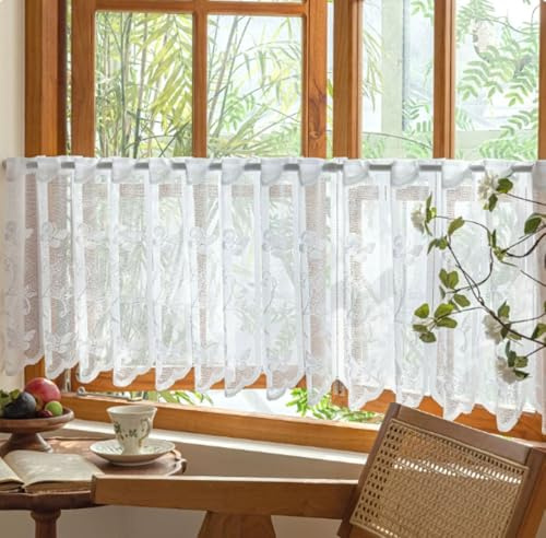 Jeeman Scheibengardine Jacquard Landhausstil Spitzen Kurze Küchengardine Skandinavische Bistrogardine Fenstergardine Halbtransparente Wohnmobilgardine Ösen Türgardine Weiß HxB 150x150cm 1 Stück
