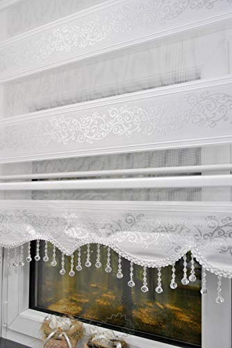 kskeskin Duo Rollo 100 cm x 200 cm weiß silberranken Doppelrollo mit Alukassette mit breiter Beschwerung und Perlen Volant