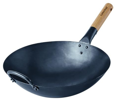 Letschef Wok de acero al carbono de 14 pulgadas con utensilios de cocina químicos sin fondo redondo para estufas de gas, wok tradicional chino martillado a mano con mango de bambú (no incluye tapa)