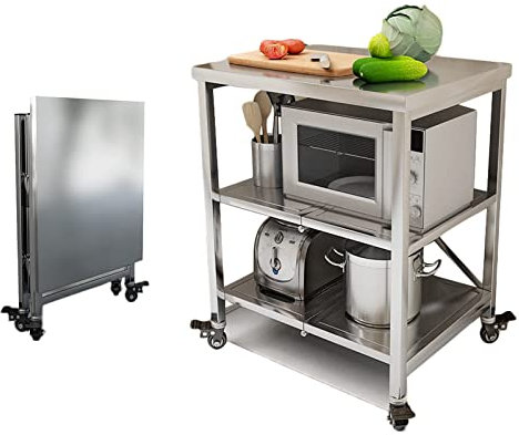 AMSXNOO Servierwagen Edelstahl, 3 Ebenen Faltbar Servierwagen Edelstahl Rollwagen Küchentisch mit 4 Rollen Edelstahltisc Lebensmittel Zubereitungstisch Mikrowellenhalter platzsparendes für Küche