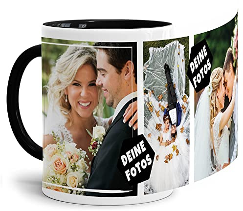 Foto-Tasse zum selbst gestalten mit Foto-Collage für 3 Wunschfotos - Geschenk für Familie, Freunde, Geburtstag, Weihnachten - Keramik Innen & Henkel Schwarz, 300 ml I Personalisiert