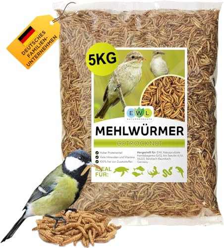 EWL Naturprodukte Mehlwürmer getrocknet 5kg (32,5 ltr). Insektensnack Vögel, Fische, Schildkröten, Nager, Igel, Reptilien, Vogelfutter Wildvögel Ganzjährig Eichhörnchen Futter Hamsterfutter Igelfutter