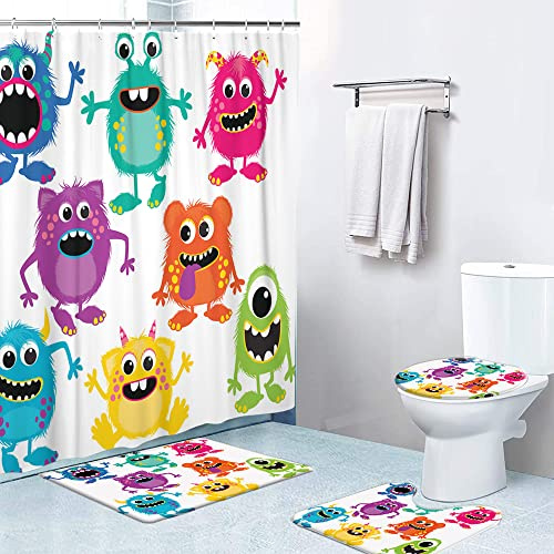 LOKMU 4 Pcs Shower Curtain Sets with Non-Slip Rugs, Toilet Lid Cover and Bath Mat,Cartoon Fluffy Monsters Cute Little Kid Waterproof Shower Curtain with 12 Hooks, Bathroom Decor Sets, 72 x 72