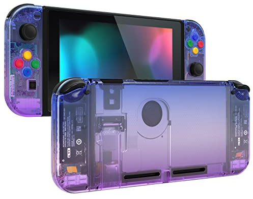 eXtremeRate Full Case für Nintendo Switch Joycon/Console, DIY-Ersatz Joy Con Shell/Tasten & Rückgehäuse & Kickstand, Custom Abdeckung Set für Nintendo Switch Konsole(Transparent Bluebell Violett)