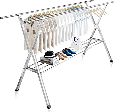 JAUREE Clothes Drying Rack 2 Tiers, Heavy Duty Drying Rack Clothing Folding Indoor Outdoor, Stainless Steel Laundry Drying Rack, Foldable Garment Rack with 20 Windproof Hooks (84 Inches)