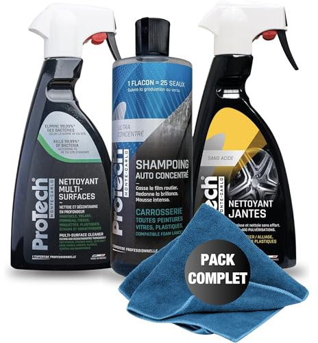 ProTechMC | Kit Nettoyant Voiture Interieur et Extérieur | Nettoyant Multi-Surfaces | Shampoing Carrosserie | Nettoyant Jantes | 3x500 ML | Inclut Microfibre 40x40 cm | Made in France