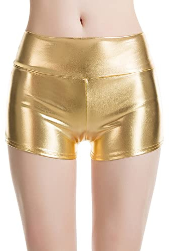 YUDATPG Women Shiny Metallic Booty Shorts Reflective Hot Pants Bottom Rave High Waisted Underwear Night Club Party Outfit (UK, Alpha, M, Regular, Regular, Gold)