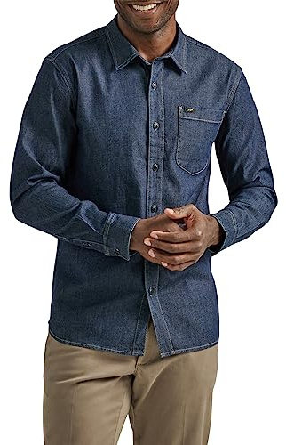 Lee Extreme Motion-Camisa de Trabajo de Manga Larga para Uso General Abotonada, Denim Rinse Wash, L Hombres
